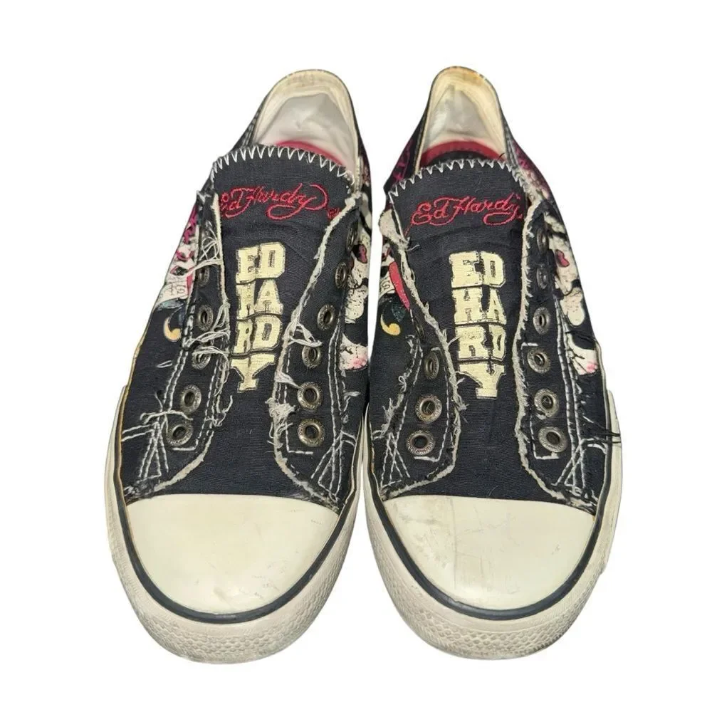 Women’s Ed Hardy Logo Graphic Black Canvas Slip-On Sneakers Y2K 2000’s size 9